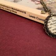  Alice in Wonderland Off with his head Queen of Hearts Antiqued Bronze Book Page Necklace