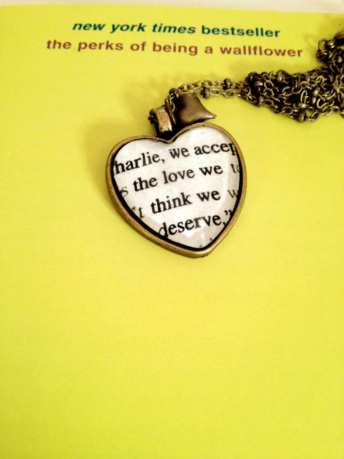 Perks Of Being A Wallflower We Accept The Love We Think We Deserve Antiqued Bronze Heart Book Page Necklace