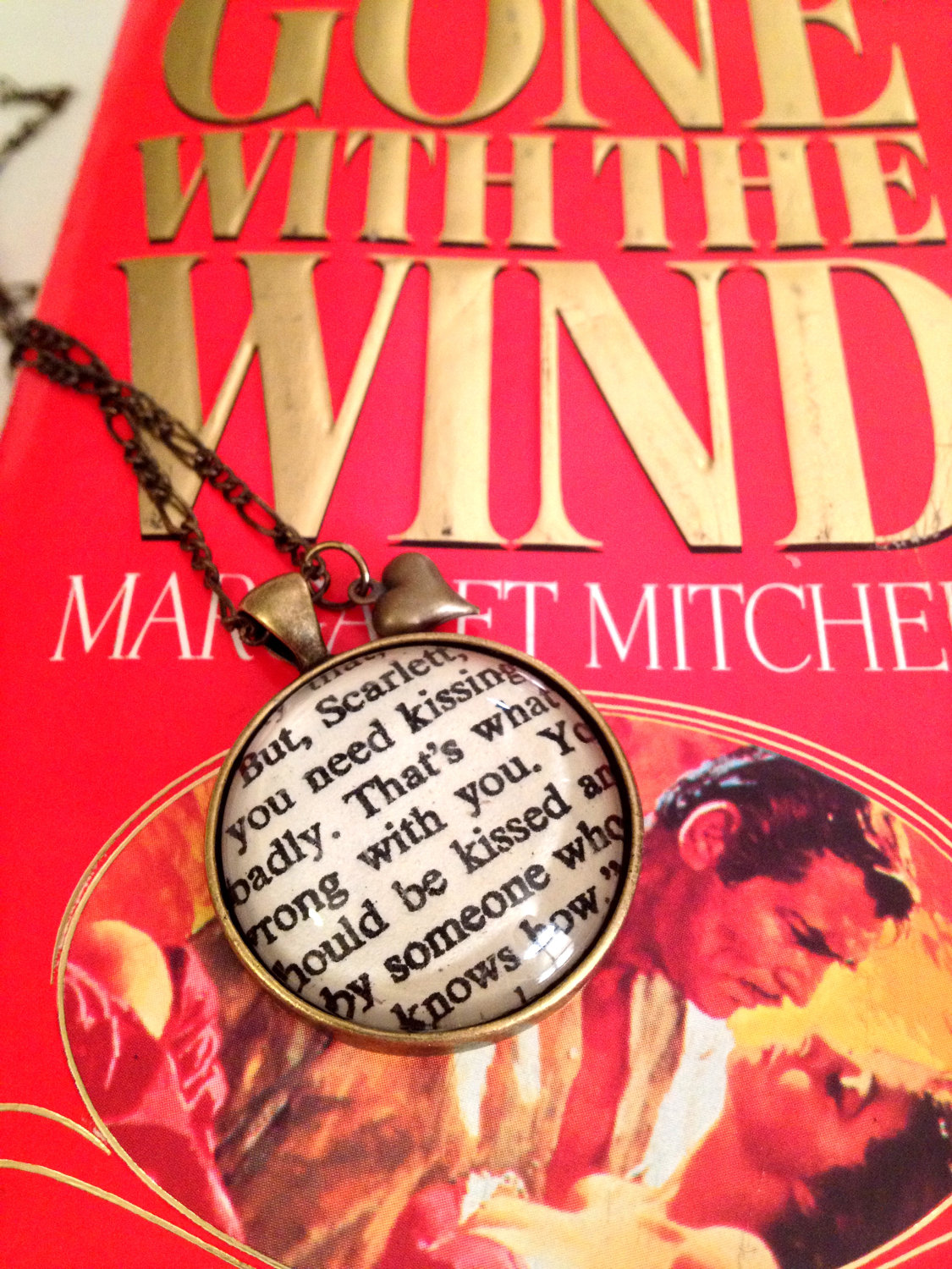 Gone With The Wind Scarlett And Rhett You Need To Be Kissed Antiqued Bronze Book Page Necklace