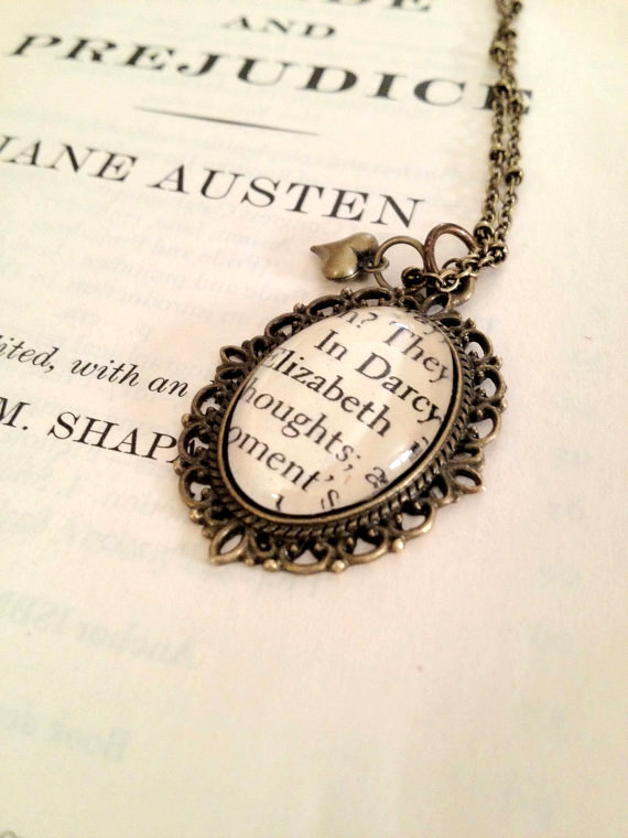 Elizabeth Bennet And Mr Darcy Pride And Prejudice Jane Austen Antiqued Bronze Book Page Necklace