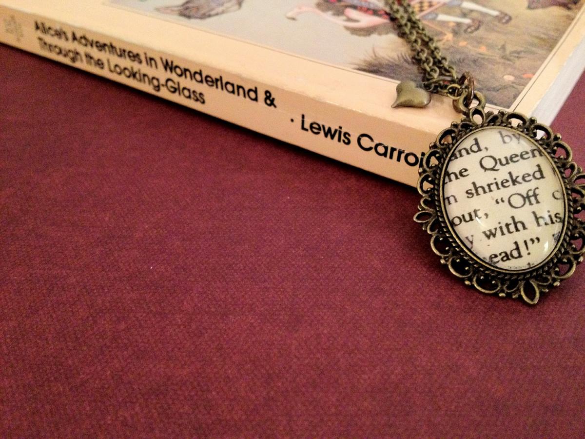 Alice In Wonderland Off With His Head Queen Of Hearts Antiqued Bronze Book Page Necklace