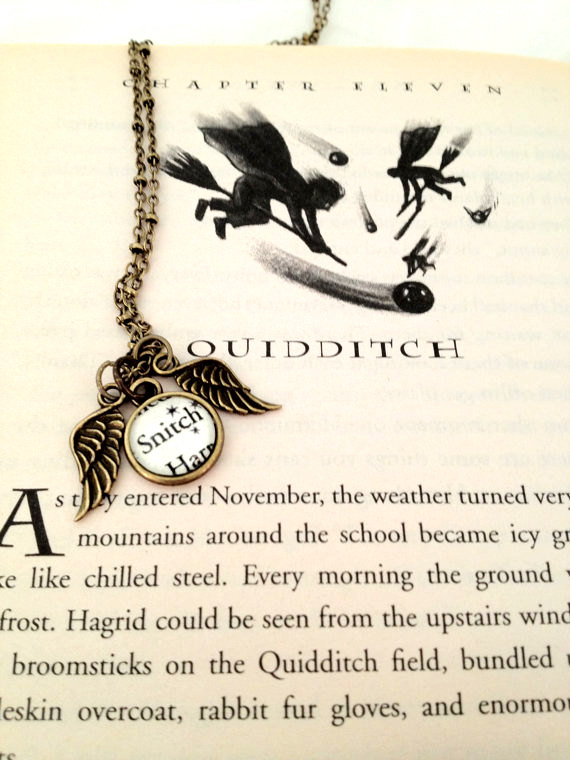 Harry Potter Quidditch Snitch Antiqued Bronze Book Page Necklace With Wings
