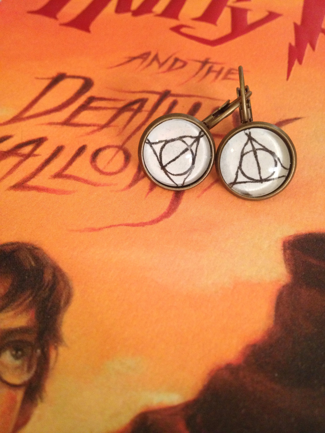 Deathly Hallows Harry Potter Antiqued Bronze Book Page Earrings Elder Wand Resurrection Stone Invisibility Cloak