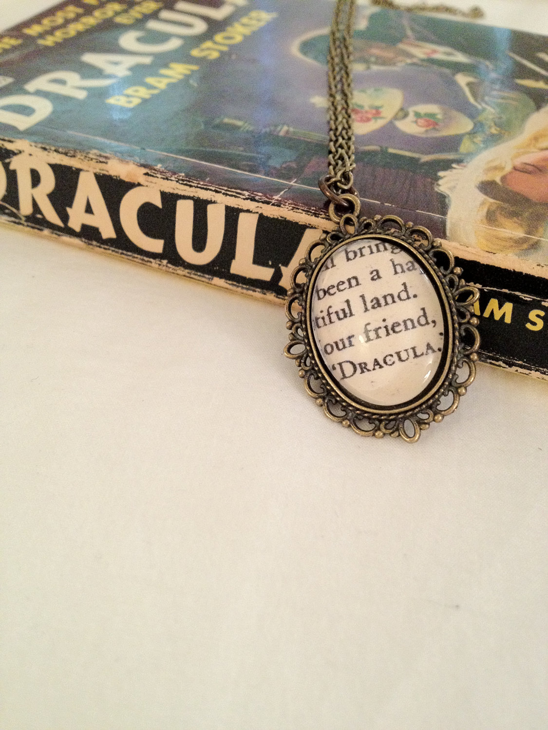 Bram Stoker's Dracula Antiqued Bronze Victorian Literature Book Page Necklace