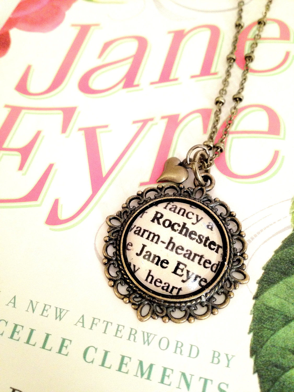 Jane Eyre And Mr Rochester Antiqued Bronze Book Page Necklace From Charlotte Bronte's Novel