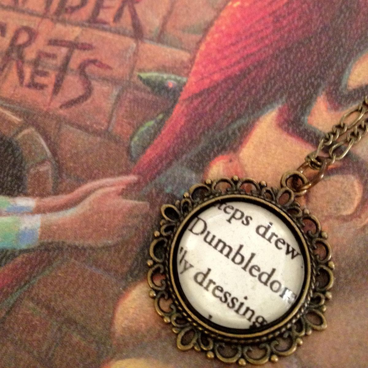 Dumbledore From Harry Potter Glass Antiqued Bronze Book Page Necklace Hogwarts Headmaster