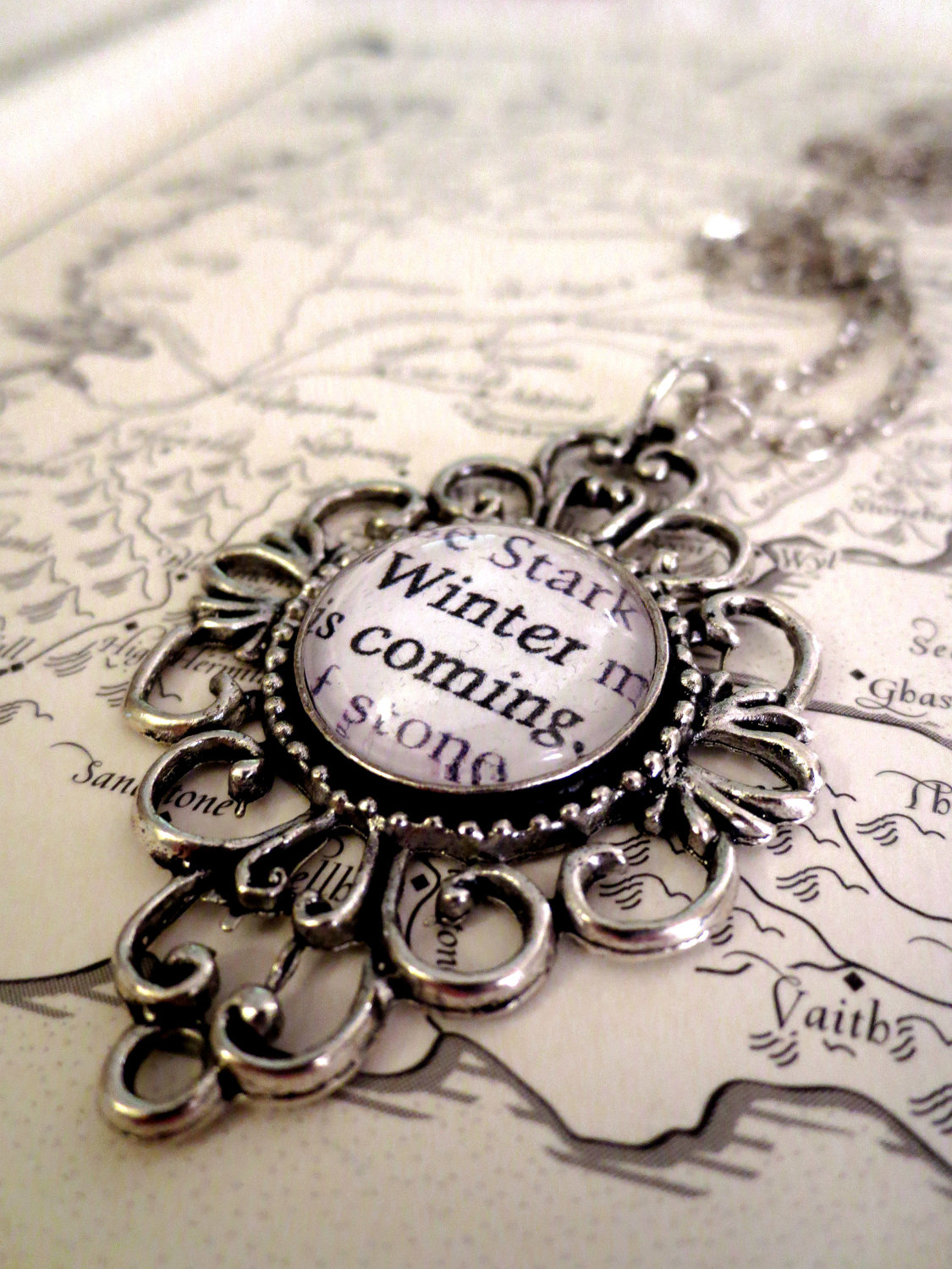 Game Of Thrones Winter Is Coming Antiqued Silver Book Page Necklace