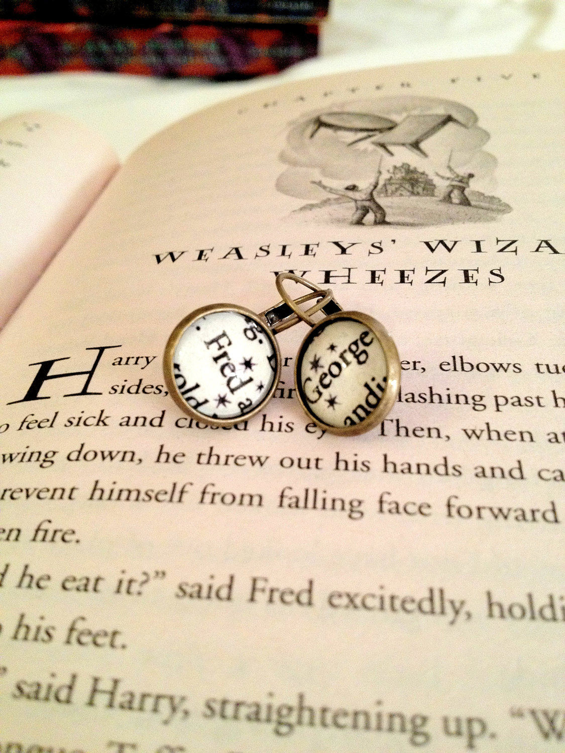 Fred And George Weasley From J.k. Rowling's Harry Potter Dangling Or Post Antiqued Bronze Book Page Earrings