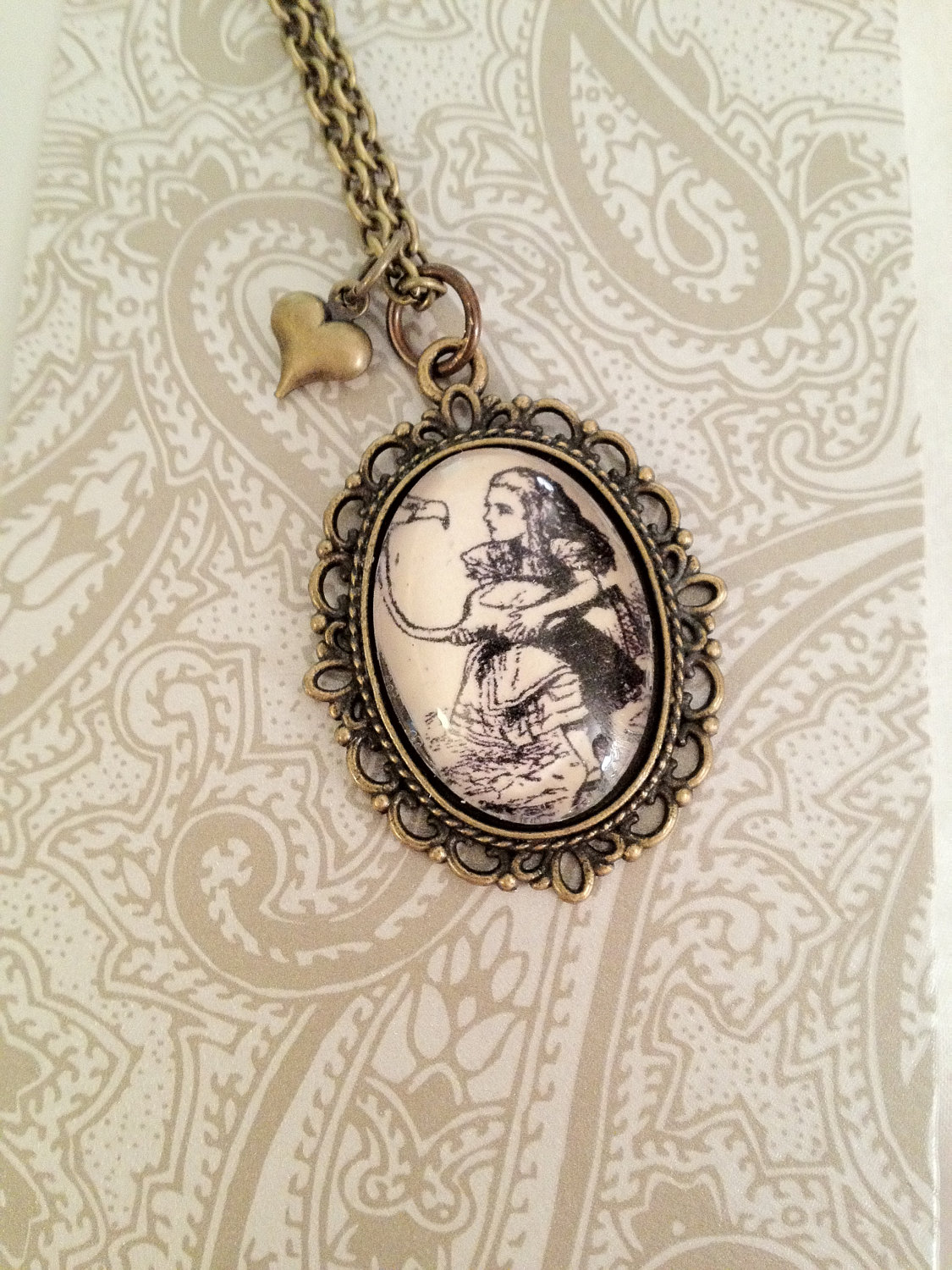 Alice's Adventures In Wonderland By Lewis Carroll Alice And The Flamingo Antiqued Bronze Book Page Necklace