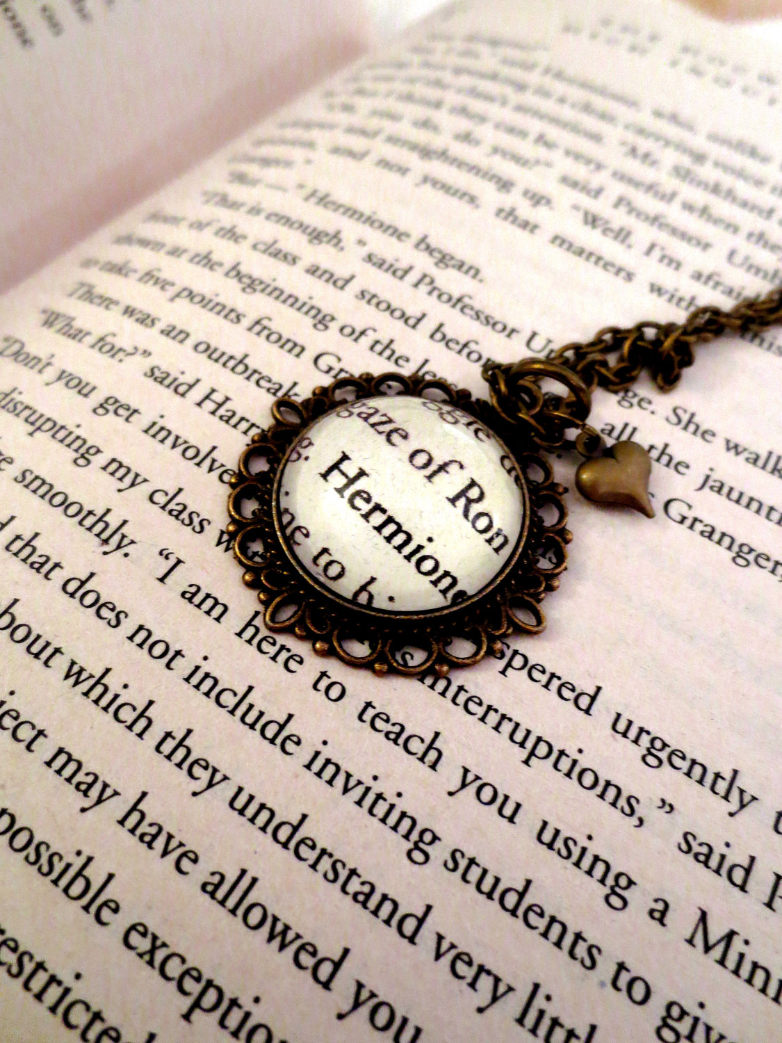 Ron Weasley And Hermione Granger From Harry Potter Antiqued Bronze Book Page Necklace